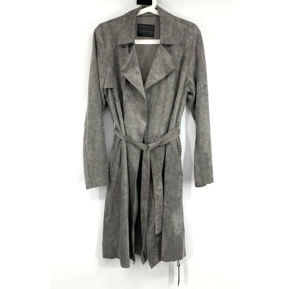 BlankNYC Trench Coat Gray Faux Suede Belted Open Front - Picture 3 of 10